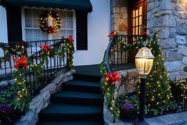 Entryway framed with illuminated garland.